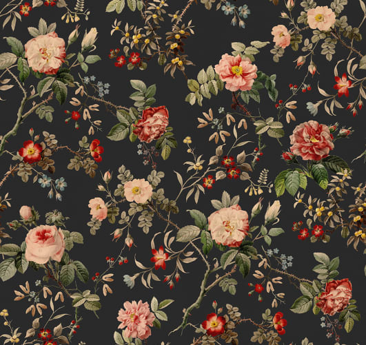 Red flowers and green leaves on dark vintage wallpaper