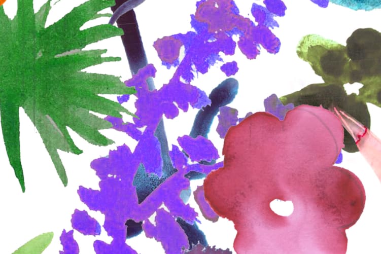 En blommande sommaräng målad i akvarell