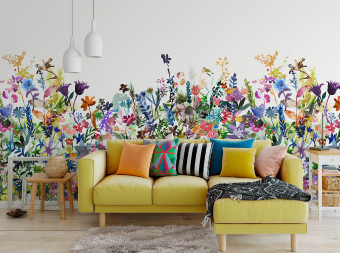 En blommande sommaräng målad i akvarell