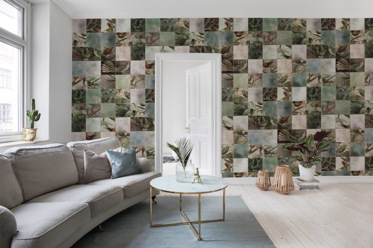 Un décor panoramique exotique avec des des colibris en surperposition de jolies tuiles décoratives