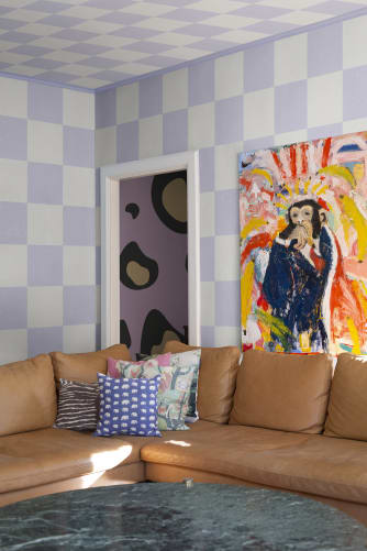 Papier peint panoramique à carreaux lilas pastel