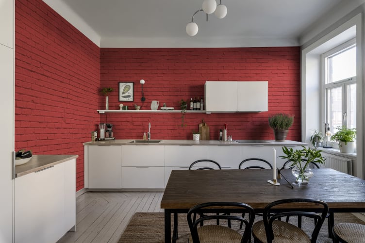 red wallpaper kitchen