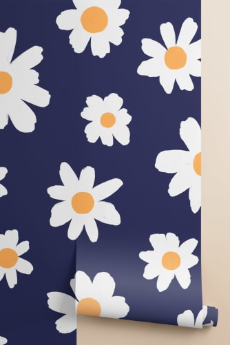 white wallpaper with navy flowers