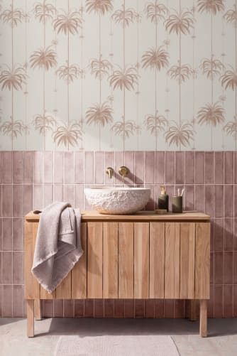 pink striped wallpaper bathroom