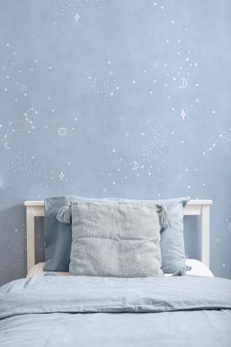 ABAKUHAUS Arazzo stellato, Motivo astratto continuo con mini stelle Elementi geometrici, Soggiorno Camera da letto Tessuto satinato setoso, 135 cm x 274 cm, Blu cielo Giallo Verde