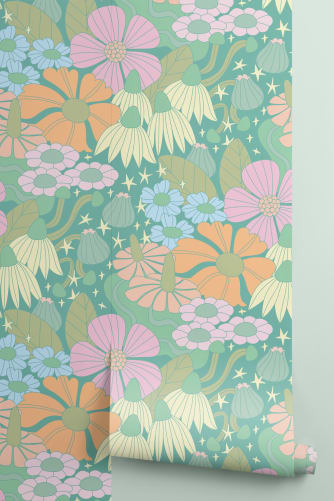 Elizabeth Olwen Cosmic Floral Green Mural - Hovia