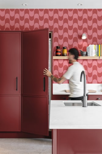 red wallpaper kitchen