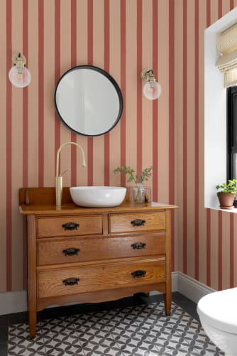 pink striped wallpaper bathroom