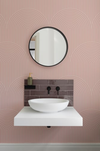 pink striped wallpaper bathroom