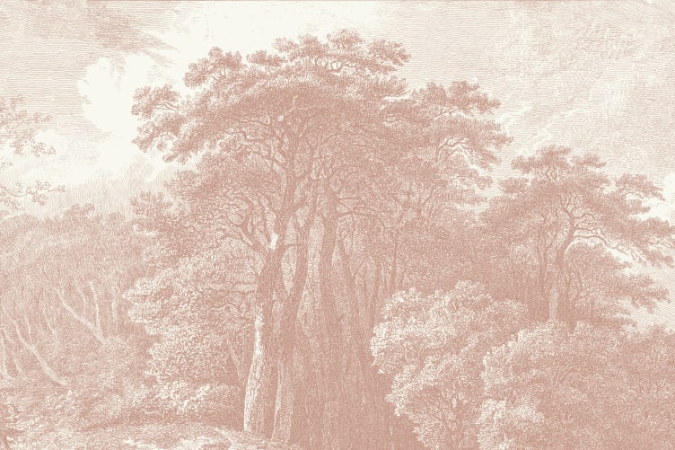 pink wallpaper with white trees