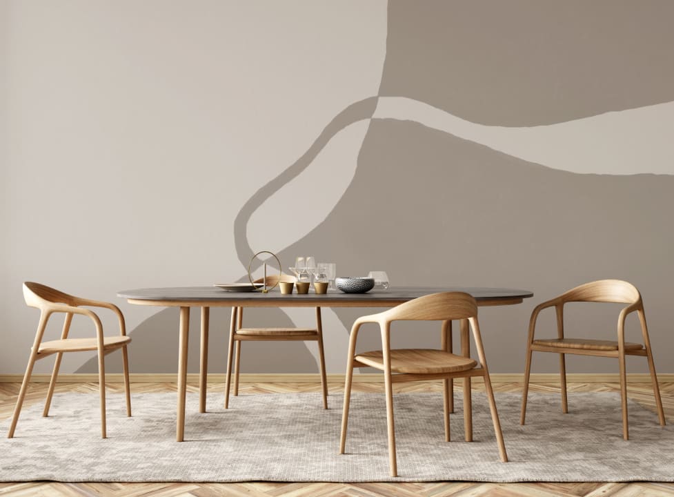 Hand-Painted Curved Form Mural in Soft Beige with Plaster Texture