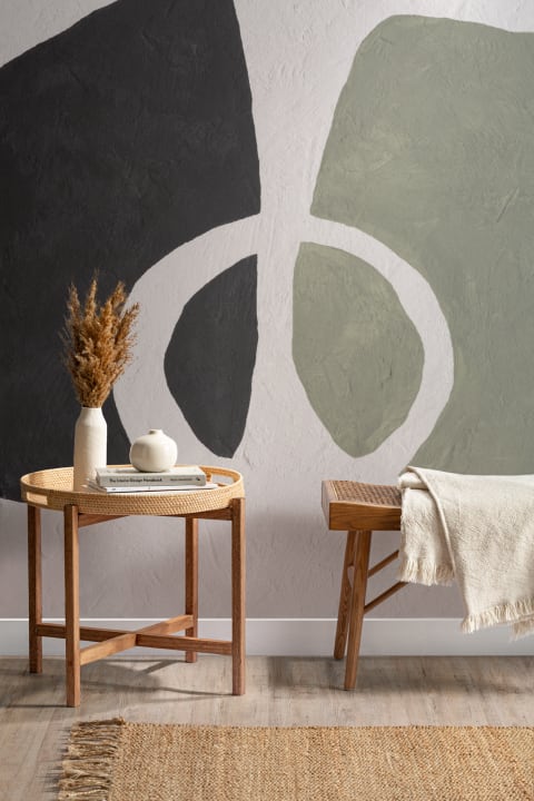 Hand-Painted Abstract Form Mural in Olive Green with Plaster Texture