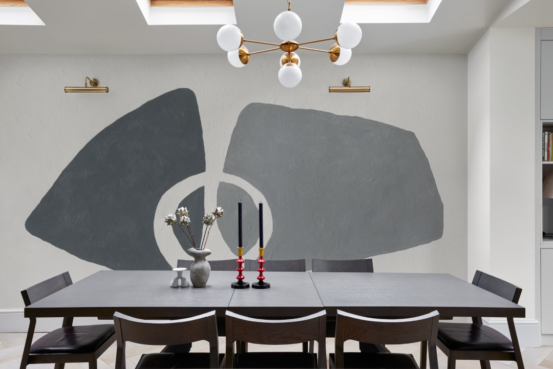 Hand-Painted Abstract Form Mural in Cool Blue with Plaster Texture