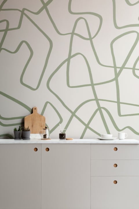 Abstract Hand Drawn Scribble Wall Mural in Green on Neutral Background