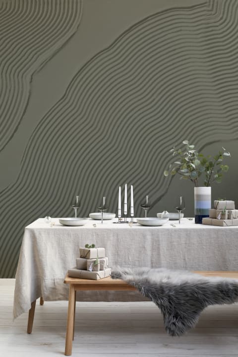Green Sculpted Abstract Lines Mural