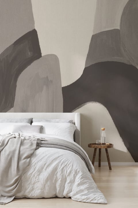 Painted Abstract Shapes Mural in Charcoal and Taupe