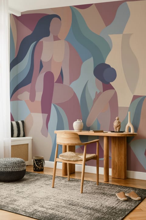 Hand Painted Mauve and Blue Female Form Mural