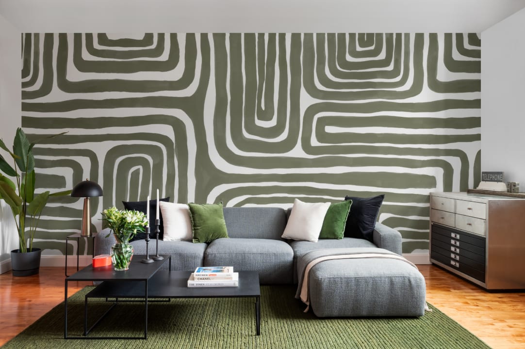 Pintado a mano Laberinto Patrón Moderno Geométrico Mural en Verde Oliva
