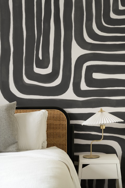 Hand Painted Maze Geometric Mural in Monochrome