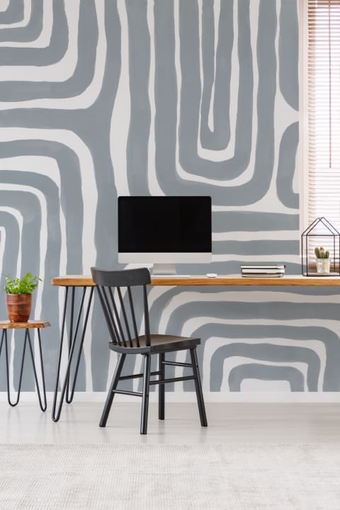 Hand Painted Maze Pattern Modern Geometric Mural in Powder Blue