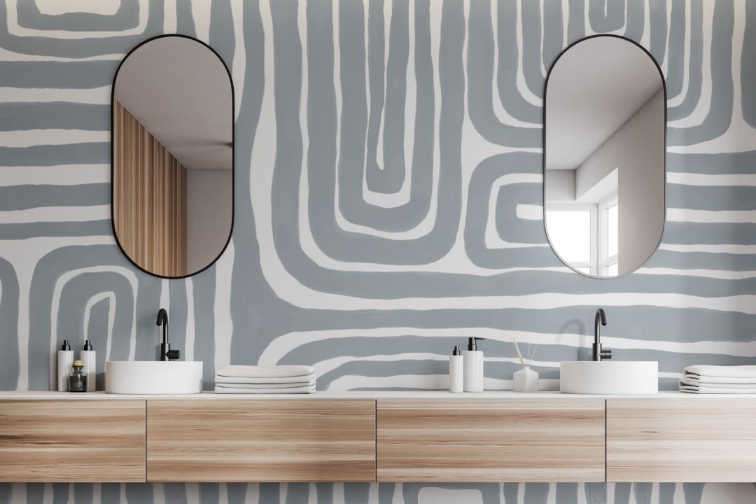 Hand Painted Maze Pattern Modern Geometric Mural in Powder Blue