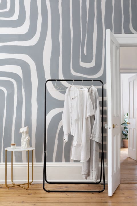 Hand Painted Maze Pattern Modern Geometric Mural in Powder Blue
