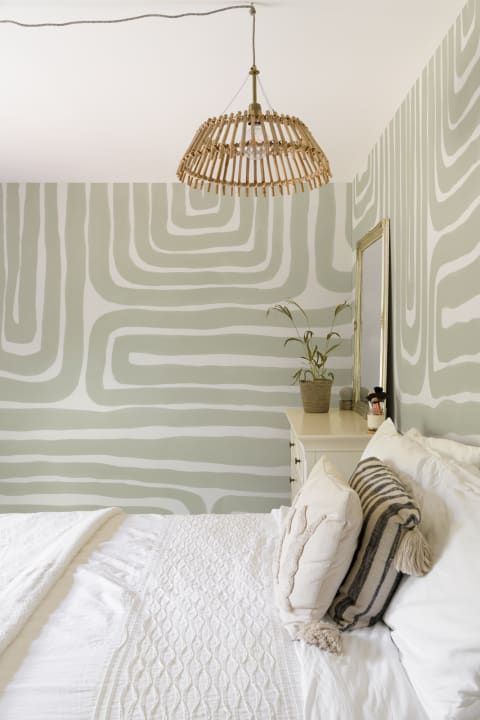 Hand Painted Maze Pattern Modern Geometric Mural in Soft Green