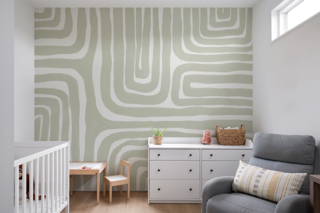 Hand Painted Maze Pattern Modern Geometric Mural in Soft Green
