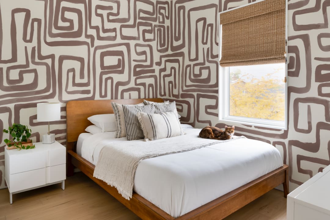 Hand-Painted Maze Pattern Mural in Brown