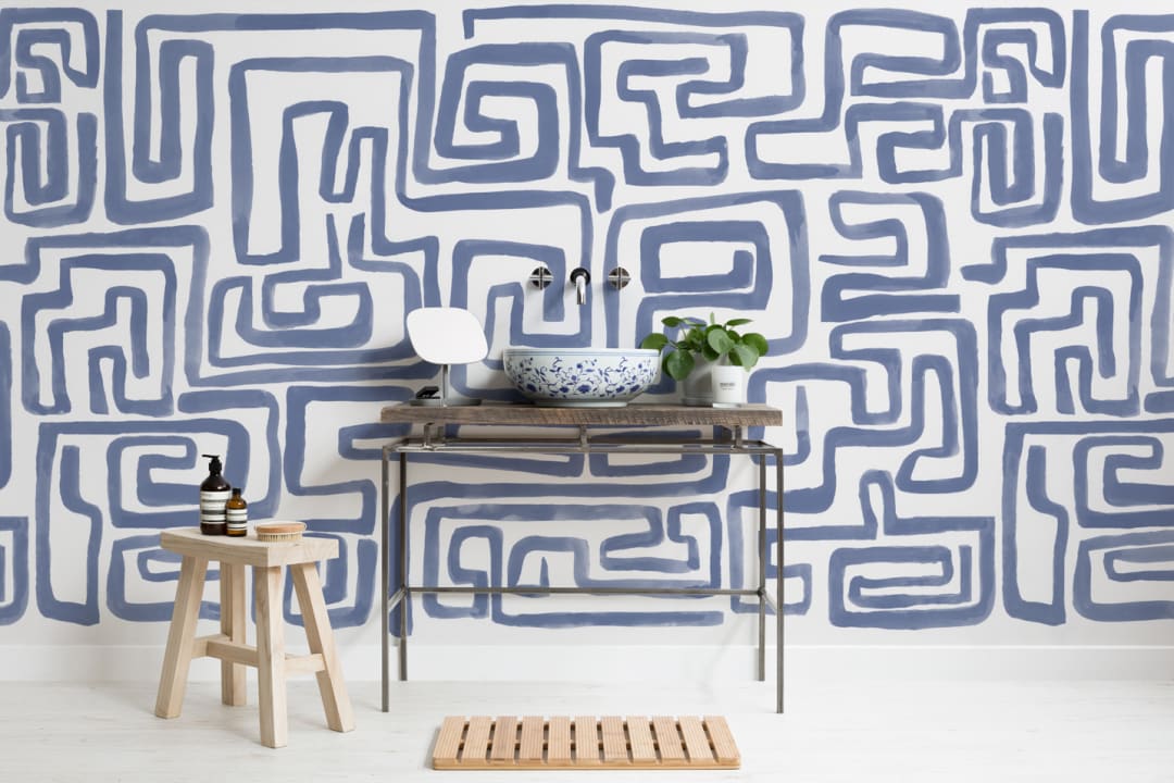 Hand-Painted Maze Pattern Mural in Blue