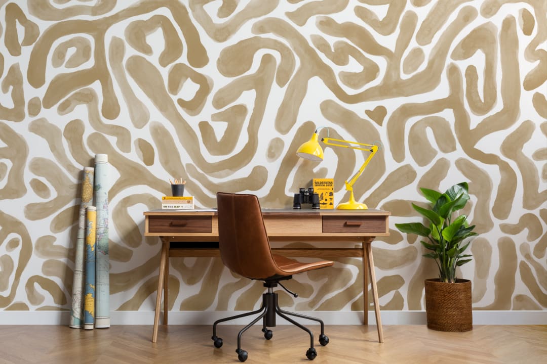 Hand-Painted Organic Flow Pattern Mural in Mustard