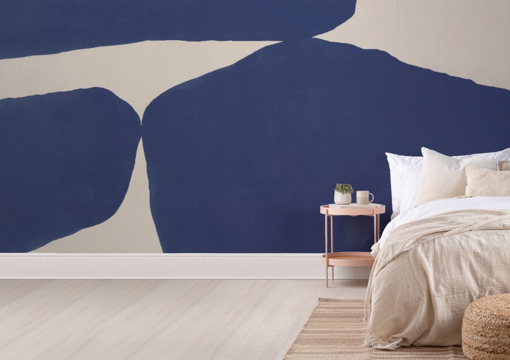 Bold Minimal Abstract Shapes Wall Mural in Blue with Textured Plaster Effect