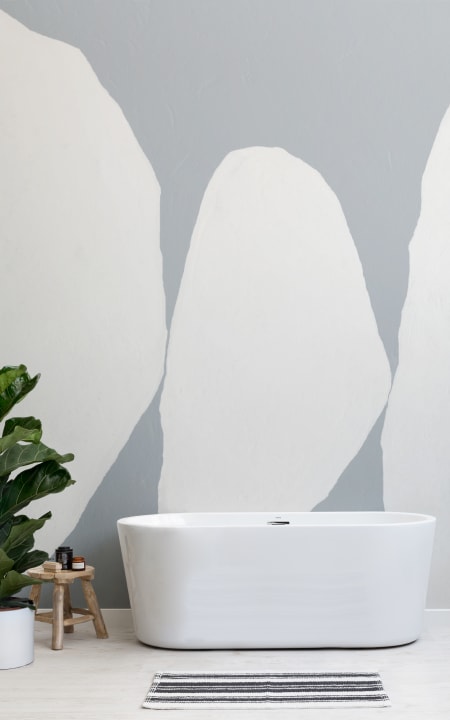 Hand-Painted Organic Form Mural in Cool Blue with Textured Plaster Finish