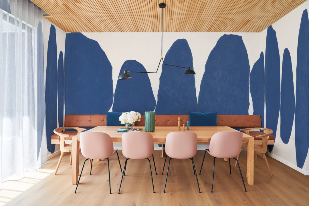 Hand-Painted Abstract Shapes Mural in Textured Cobalt Blue