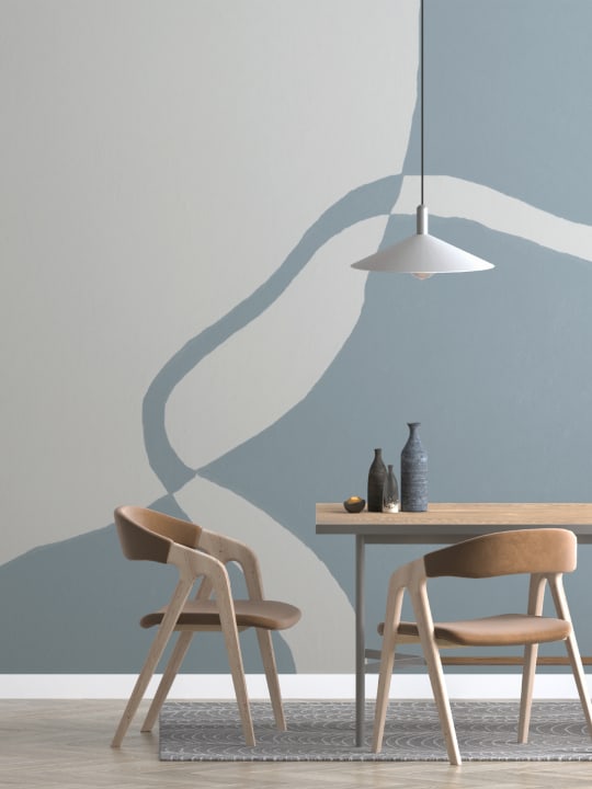 Hand-Painted Curved Form Mural in Cool Blue with Plaster Texture