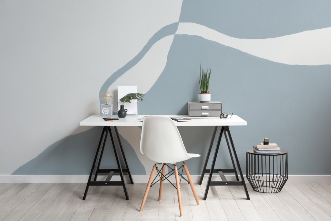 Hand-Painted Curved Form Mural in Cool Blue with Plaster Texture