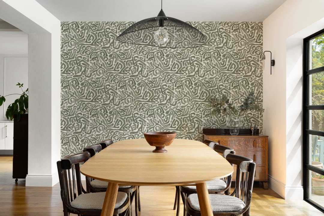 Hand-Painted Organic Maze Wallpaper in Moss Green