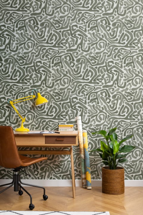 Ręcznie malowana tapeta Organic Maze w kolorze zielonego mchu