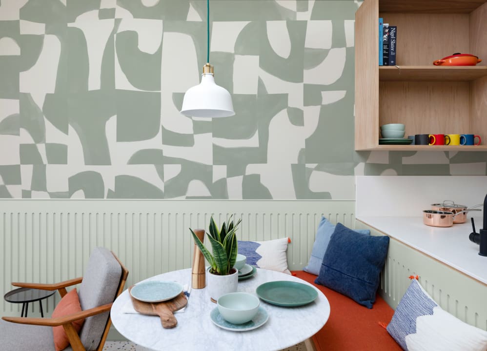 Modern Sage Abstract Wall Mural with Hand-Cut Shapes and Textured Effect
