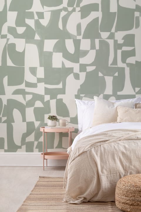 Modern Sage Abstract Wall Mural with Hand-Cut Shapes and Textured Effect