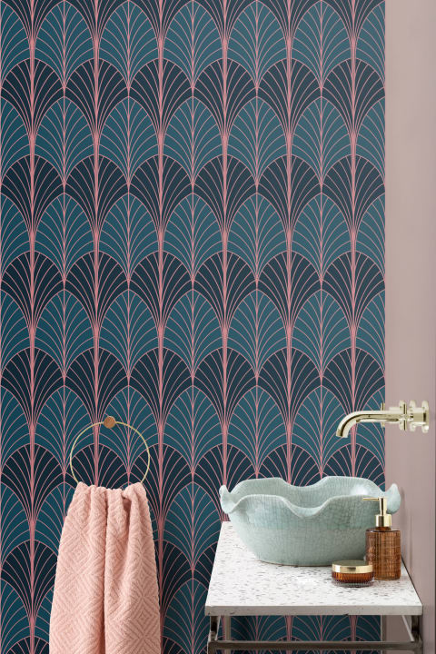Blue Art Deco Palm Leaf Repeat Pattern Wallpaper