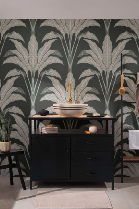 Dark Green Art Deco Large Tropical Leaves Wallpaper Mural
