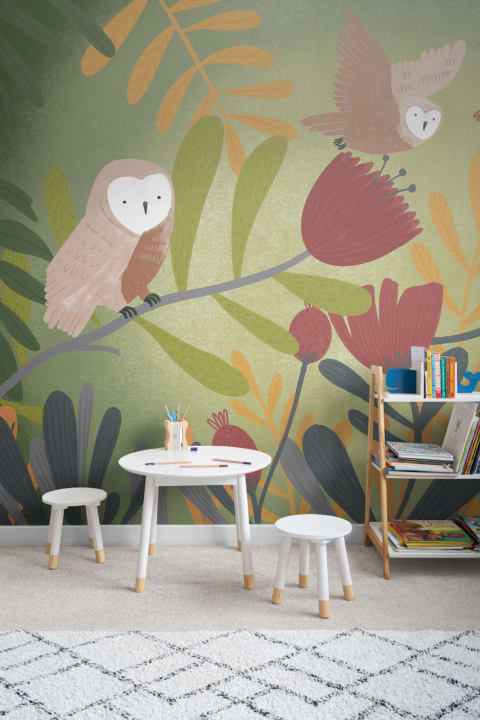Colorful Pencil Sketch Owl & Flowers Wallpaper Mural