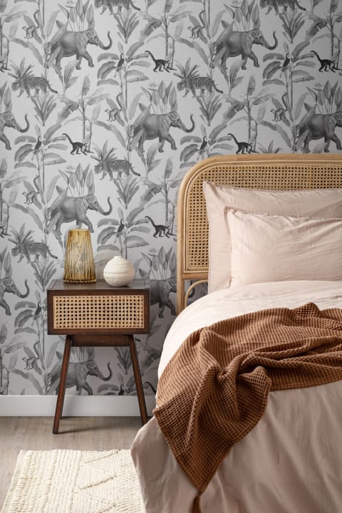 Black and Gray Illustrated Jungle Animal Repeat Pattern Wallpaper