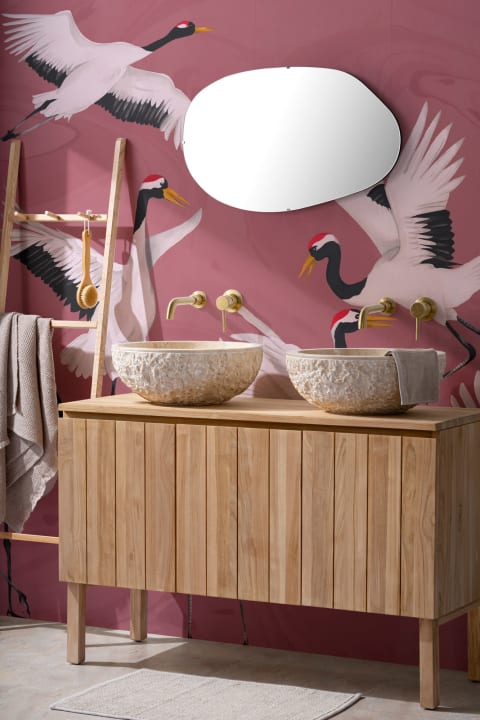 Flying Japanese Cranes Pink Painted Wallpaper Mural