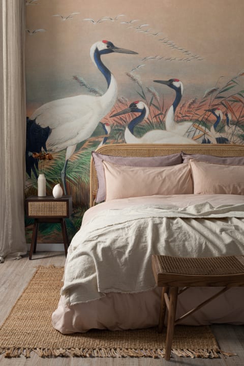 Hand-Painted Cranes in Wetlands Wall Mural by Joseph Wolf