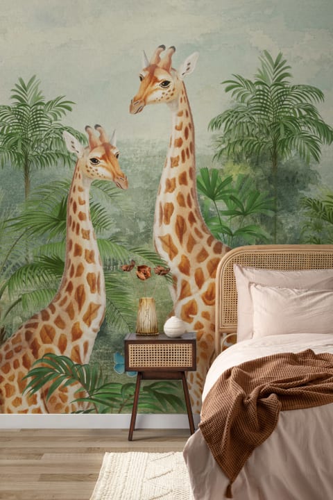 Vintage Tropical Giraffe Illustration Mural