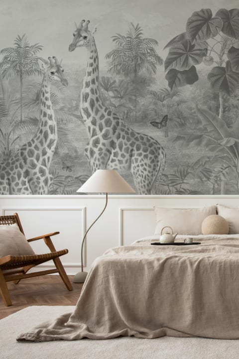 Gray Vintage Tropical Giraffe Illustration Mural