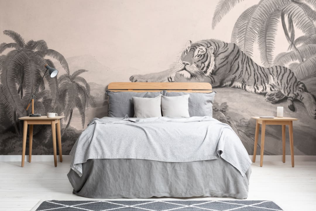 Grey Illustrated Tropical Landscape Tiger Mural