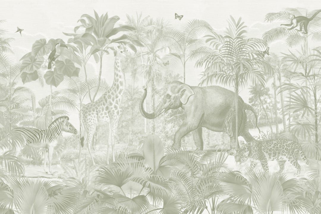 Grønt asiatisk fototapet med jungledyr i akvarel